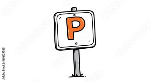 Cartoon Parking Sign with Orange 'P' and Black Outline
