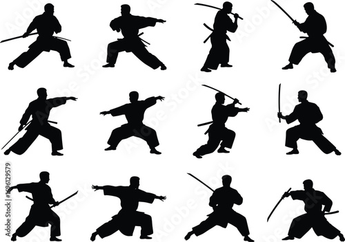 Silhouettes of Samurai and Kendo Warriors Practicing Sword Techniques – Vector Martial Arts Training Poses with Katana and Uniforms
