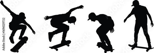 Silhouettes of skateboarders performing tricks and riding skateboards, dynamic action poses, urban sports vector illustration on white background