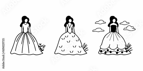 Three princess dresses with different designs and styles in a simple black and white line drawing style