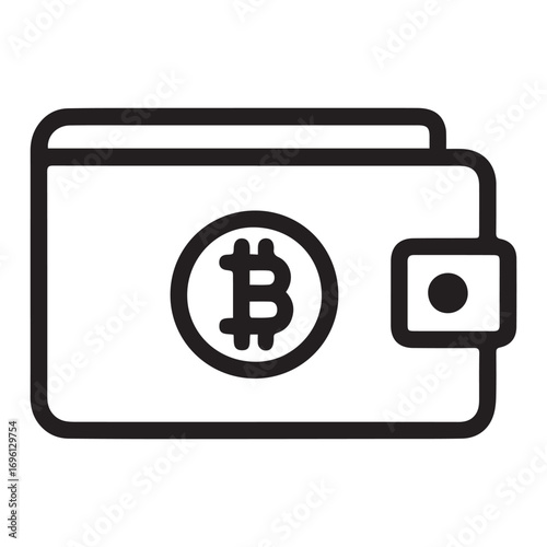 A minimalist line art icon of a wallet featuring the Bitcoin symbol prominently in the center.
