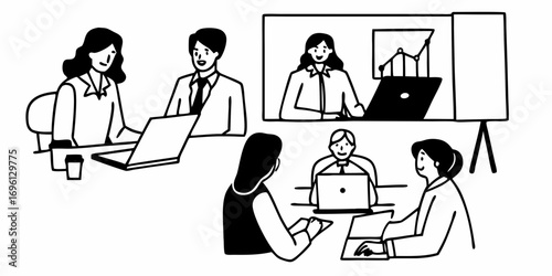 Illustration of a business meeting with people working on laptops and a video conference screen shown