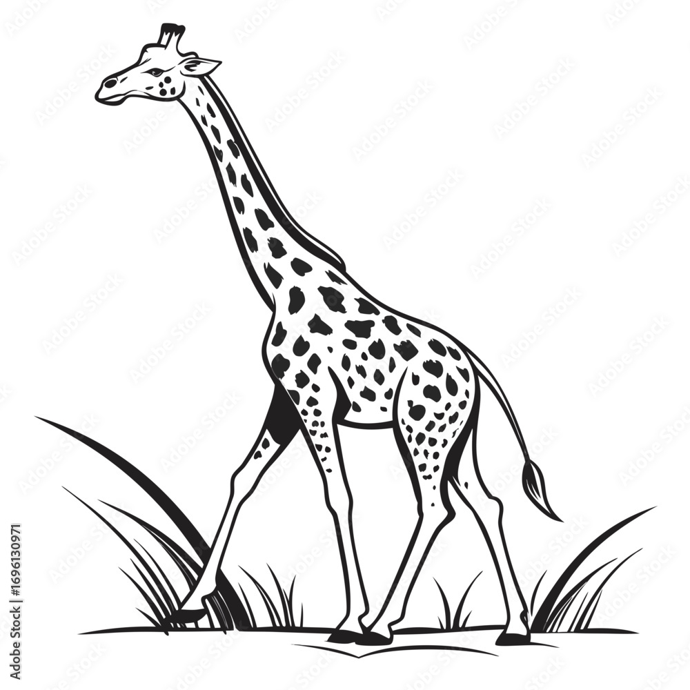 Naklejka premium Elegant walking giraffe in savanna grass, a classic African wildlife drawing