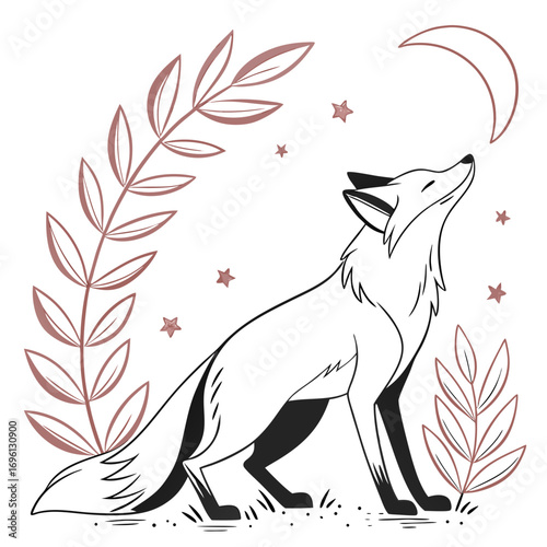 Stylized Wild Fox Gazing at the Night Sky with a Crescent Moon and Botanical Elements