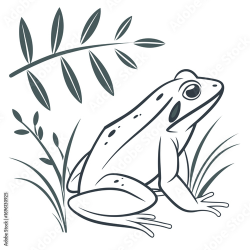 Illustration of a frog sitting in grassy reeds under a leafy branch