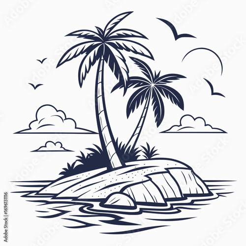 Monochromatic illustration of a serene tropical island with palm trees, ocean waves, and flying birds
