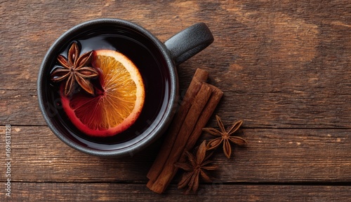 Mulled wine in a dark mug on a rustic wooden table
