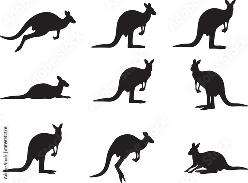 This image showcases a diverse set of nine black kangaroo silhouettes, each captured in unique postures and movements. A comprehensive visual resource for Australian wildlife graphics.