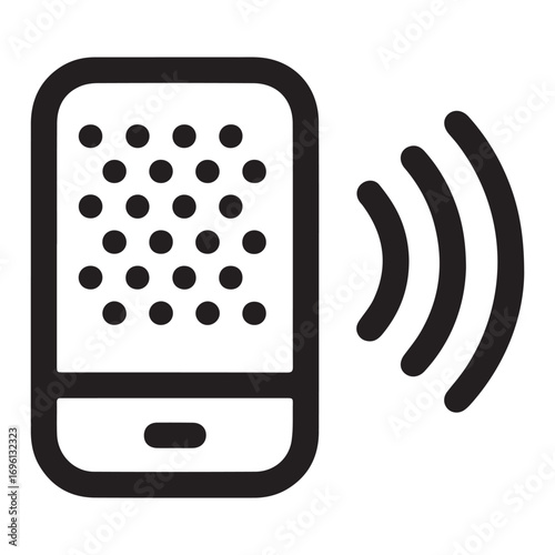 A simple black and white icon depicting a smartphone with a speaker grille and radiating sound waves, symbolizing audio output or broadcast.