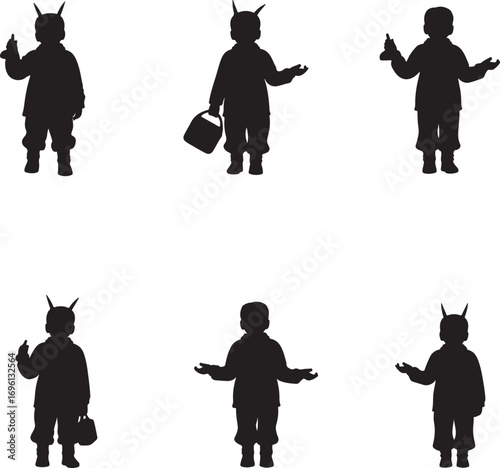 A collection of six distinct silhouettes showcasing children dressed in costumes, complete with playful antennas and various props, suggesting imaginative play and party themes.
