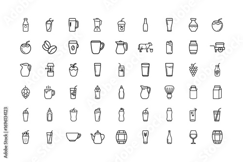 Beverages Farm Line Art Icon Collection | Minimalist Outline Style of Drinks, Dairy, Coffee, Juice, Tea, Wine, Beer, Bottles, Cups, Pitchers and Barrels for Food and Drink Industry Design Assets