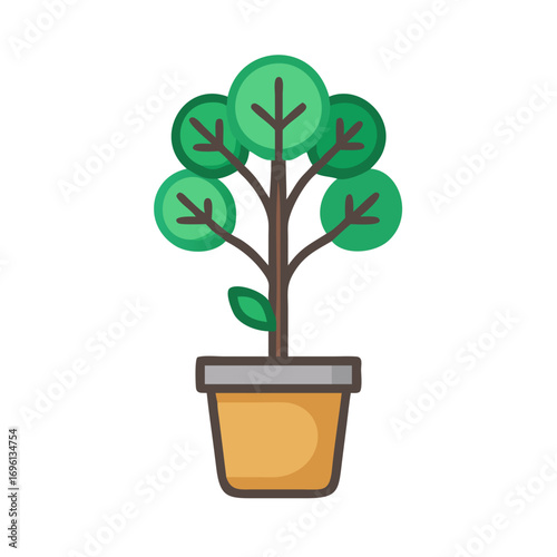 Cartoon tree in pot with round leaves on white background