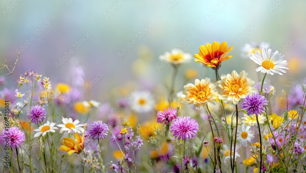 Obraz premium A vibrant meadow of wildflowers in soft pastel hues