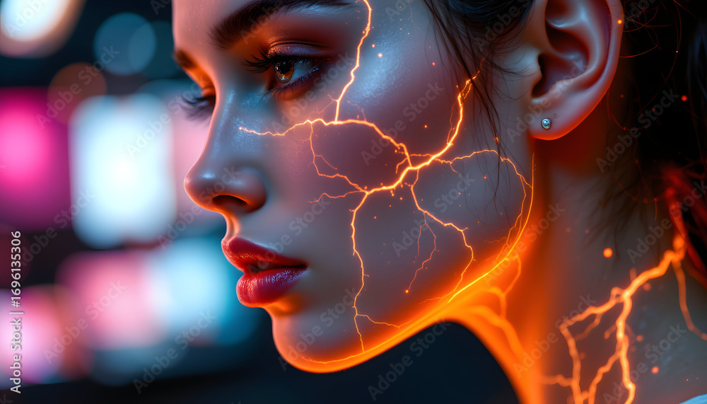 Obraz premium Futuristic Portrait with Illuminated Facial Lines