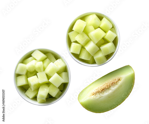 Wallpaper Mural Two small white bowls filled with cubed cantaloupe, next to a cantaloupe half Torontodigital.ca