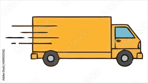 Illustration of a Moving Yellow Delivery Truck with Motion Lines on a White Background