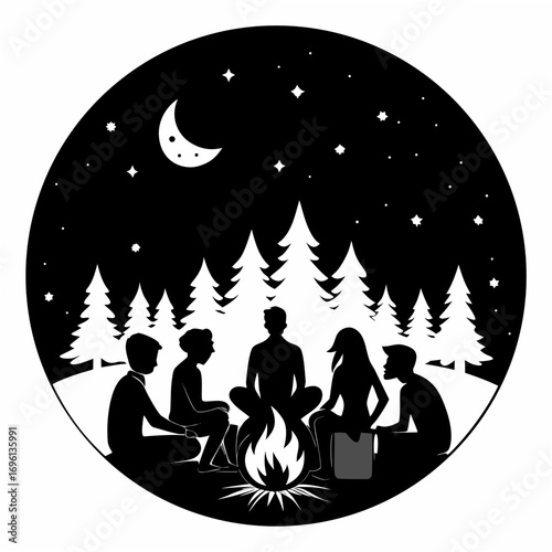 Friends Around Campfire Silhouette Vector