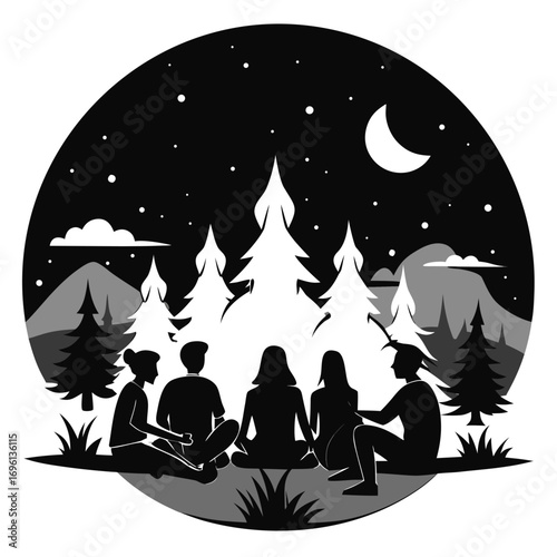 Friends Around Campfire Silhouette Vector