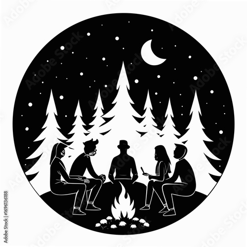 Friends Around Campfire Silhouette Vector