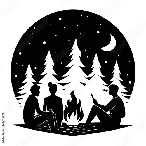 Friends Around Campfire Silhouette Vector