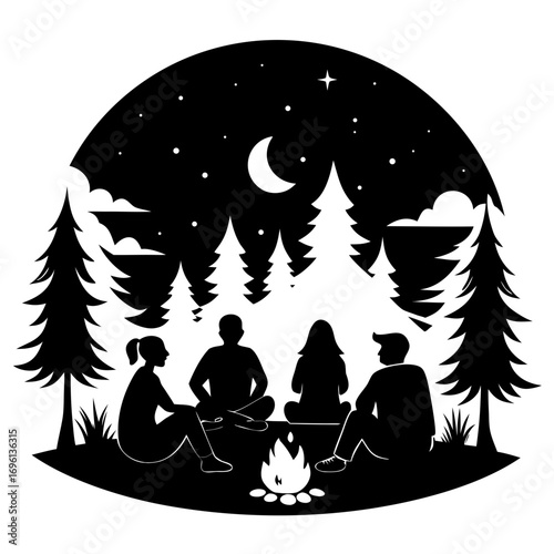 Friends Around Campfire Silhouette Vector