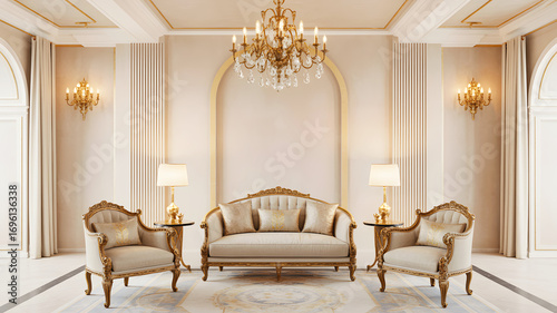 Luxury classic interior with golden vintage furniture and chandelier