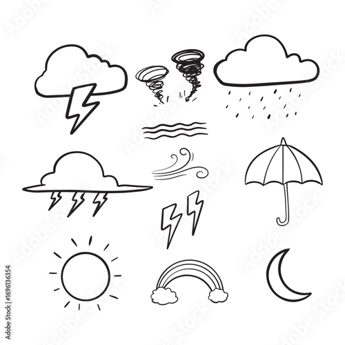 Hand-drawn doodle weather icons set including sun, moon, clouds, lightning, rain, wind, waves, tornadoes, rainbow, and umbrella on a white background.