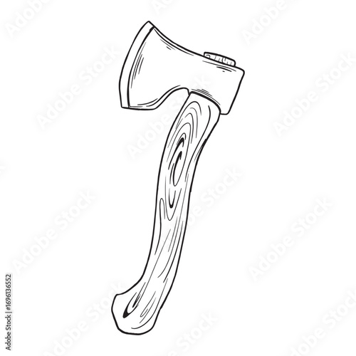 Hand-drawn illustration of an axe with a wooden handle.