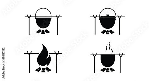 a pot hanging over fire with flames and steam rising