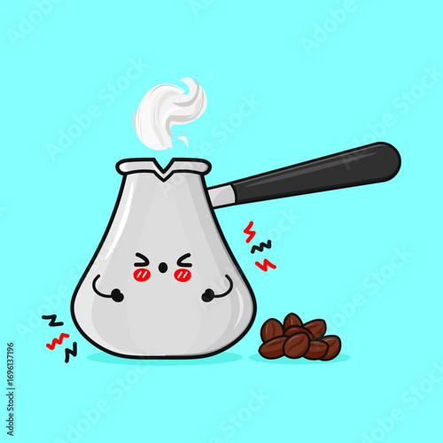 Cute coffee pot with a happy face and coffee beans