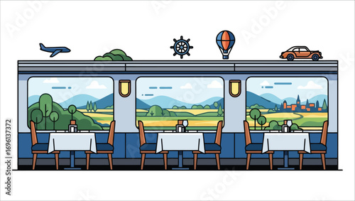 A scenic journey through the countryside by train, a conceptual travel illustration showing various transportation modes like plane, car, and balloon