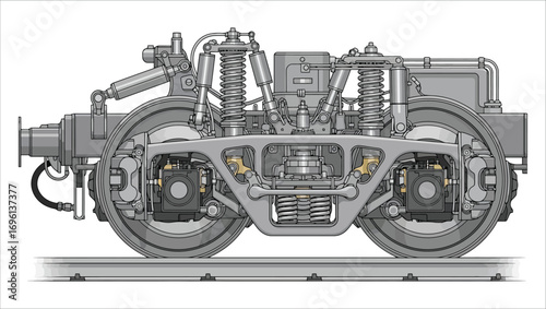 Detailed technical illustration of a modern railway train bogie showing the wheelset, suspension, and braking system on tracks
