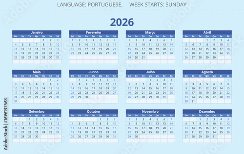 Portuguese calendar 2026 year. Vector Portugal. Calendario portugues. Week starts sunday