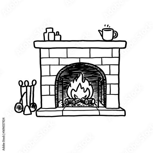 Cozy fireplace with burning logs and decorative items in monochrome  