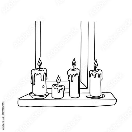 Four candles burning on a shelf with dripping wax for Christmas  