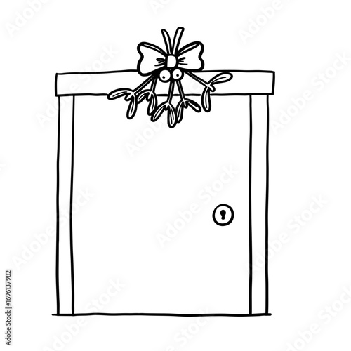 Door decorated with mistletoe and bow for Christmas celebration  
