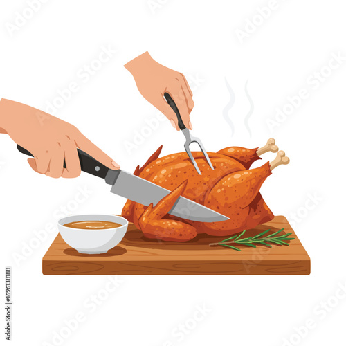 Flat 2D vector illustration of hands expertly carving a succulent roasted chicken on a wooden cutting board, with a chef's knife and fork, a bowl of gravy nearby.