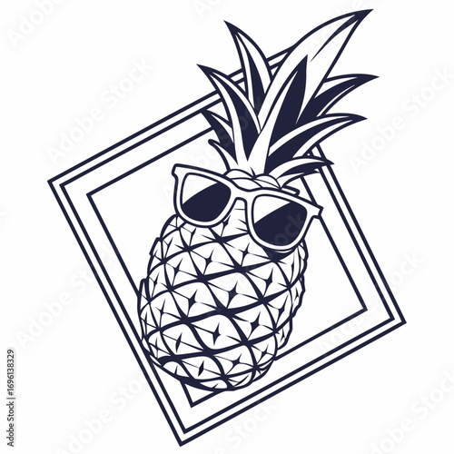 Vector art of a pineapple with sunglasses in a frame, a fun and fruity summer design