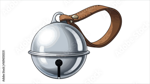 A detailed vector illustration of a classic silver sleigh bell attached to a brown leather strap, isolated on a white background for festive holiday and pet collar concepts