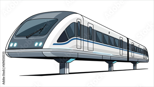 Sleek futuristic high-speed maglev train on an elevated track. Modern public transportation vector illustration isolated on a white background