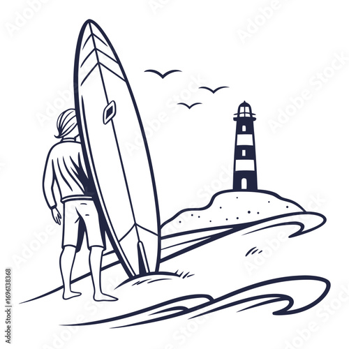 Vector art of a surfer stands with his surfboard on the beach near a lighthouse