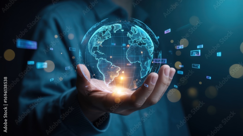 Fototapeta premium Global Technology Network in Hand for Worldwide Connection
