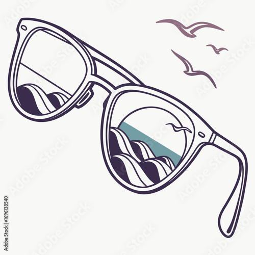 Vector art of sunglasses reflecting a serene beach scene with gentle waves and seagulls