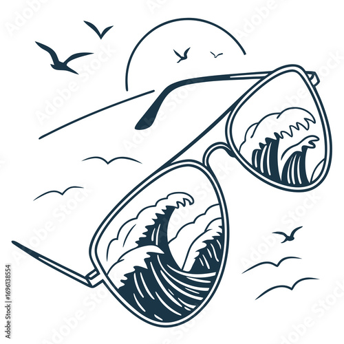 Vector art of sunglasses reflecting a stormy ocean with crashing waves and seagulls