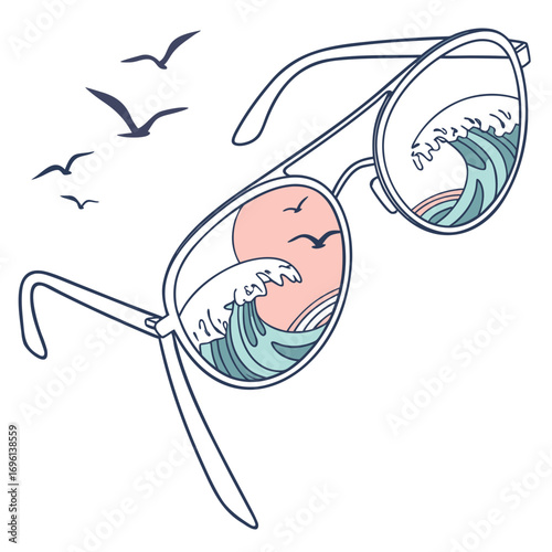 Vector art of sunglasses reflecting ocean waves and seagulls, summer vacation concept