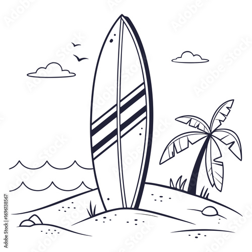 Vector art of surfboard on the beach with palm tree, summer vacation concept