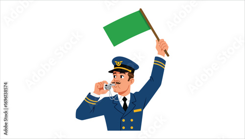 Man in uniform blowing whistle and waving a green flag, signaling movement and approval