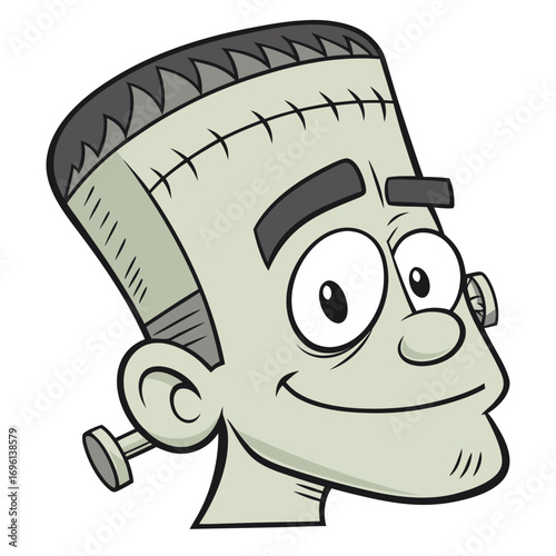 Illustration of a cute frankenstein monster with a smile, a cartoon character