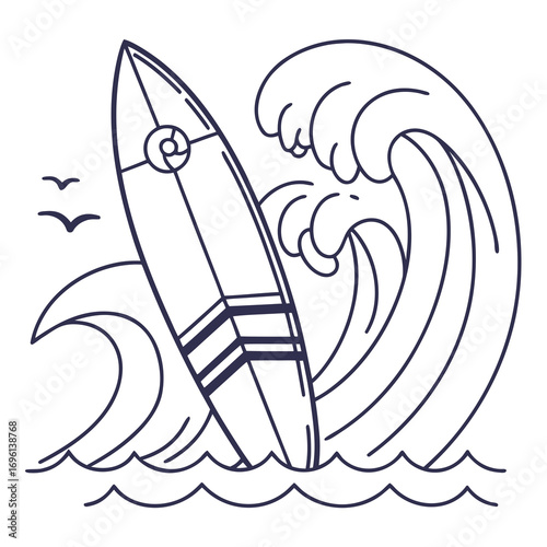 Vector art of surfboard leaning against a wave, with birds flying in the distance