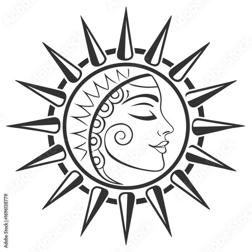 Vector art of sun with a womans face, a celestial body that provides light and warmth